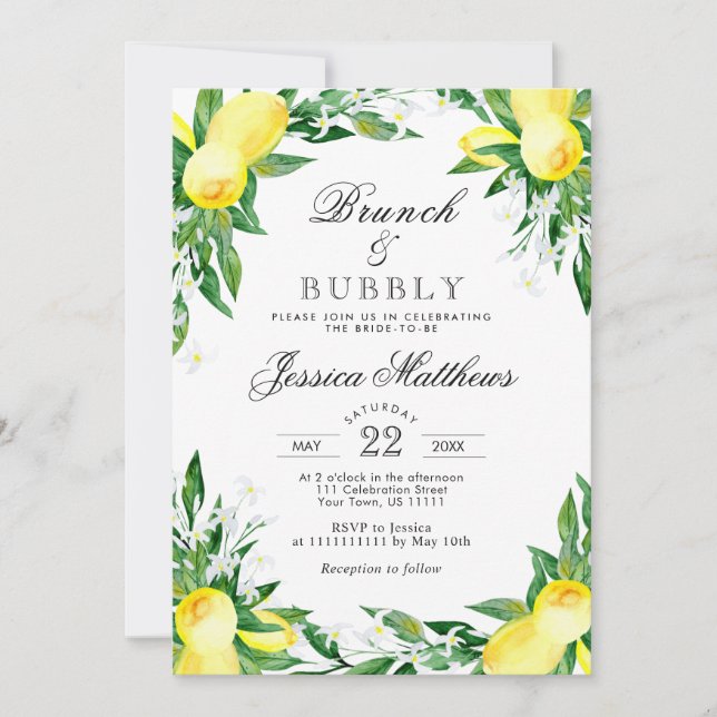 Lemons Greenery Blossom Brunch & Bubbly Invitation (Front)