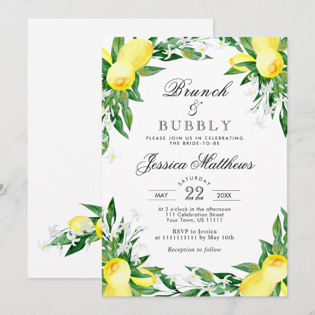 Lemons Greenery Blossom Brunch & Bubbly Invitation (Front/Back)