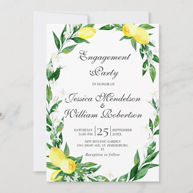 Lemons Greenery Blossom Engagement Party Invitation (Front)