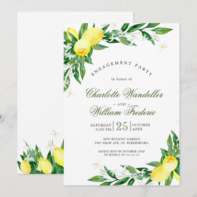 Lemons Greenery Blossom Engagement Party Invitation (Front/Back)