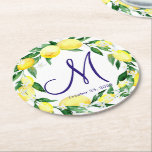 Lemons Greenery Blossom Monogram Round Paper Coaster<br><div class="desc">This high-quality design is easy to customize to be uniquely yours! For further customization, please click the "Customize" button and use our design tool to modify this template. For further customization, please click the "customize further" link and use our design tool to modify this template. If you need help or...</div>