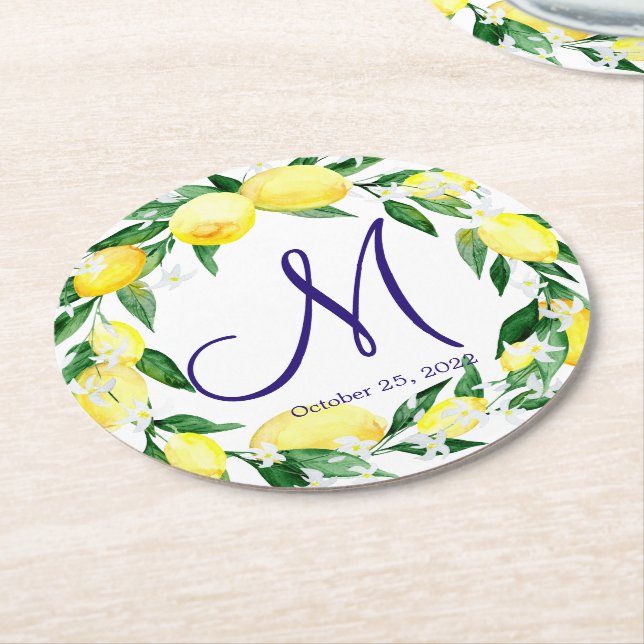 Lemons Greenery Blossom Monogram Round Paper Coaster (Angled)
