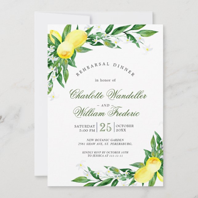 Lemons Greenery Blossom Rehearsal  Dinner Invitation (Front)