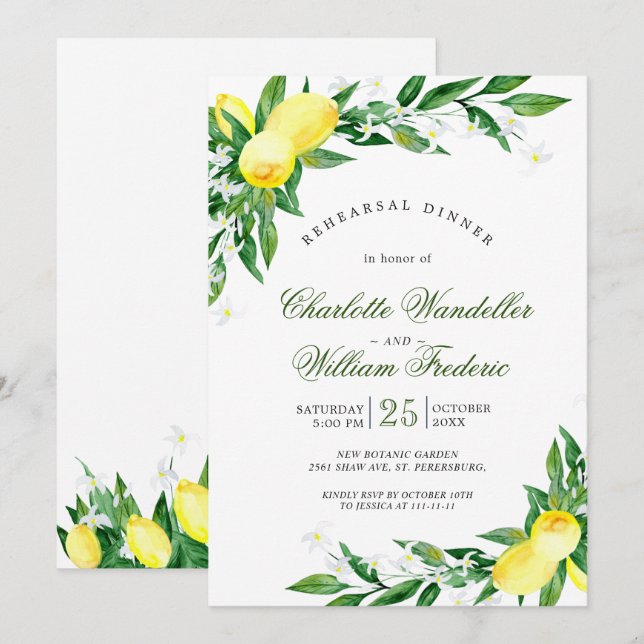 Lemons Greenery Blossom Rehearsal  Dinner Invitation (Front/Back)