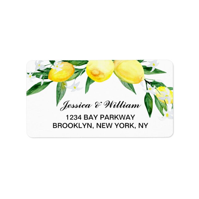 Lemons Greenery Blossom Watercolor Wedding Label (Front)