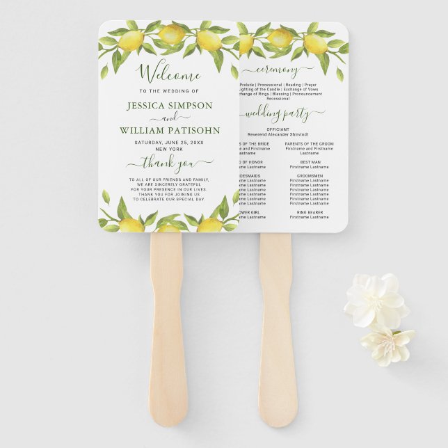 Lemons Greenery Blossom Wedding Program Hand Fan (Front and Back)