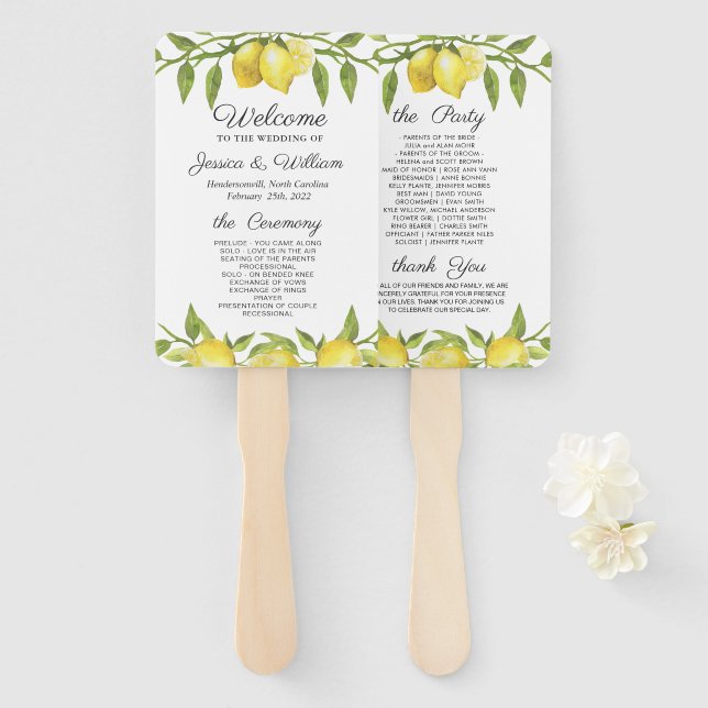 Lemons Greenery Blossom Wedding Program Hand Fan (Front and Back)