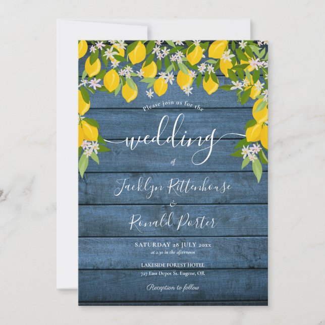 Lemons Greenery Blue Rustic Wood Wedding Invitation (Front)