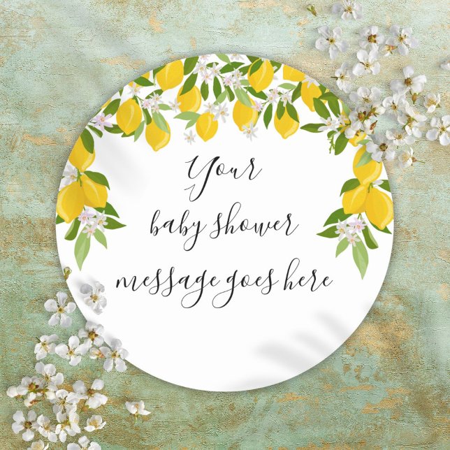 Lemons Greenery Floral Baby Shower Favor Classic Round Sticker (Lemons Greenery Floral Baby Shower Favor Classic Round Sticker)