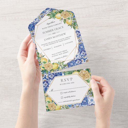 Lemons Greenery Floral Mosaic Tiles Wedding    All All In One Invitation