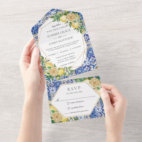 Lemons Greenery Floral Mosaic Tiles Wedding    All In One Invitation