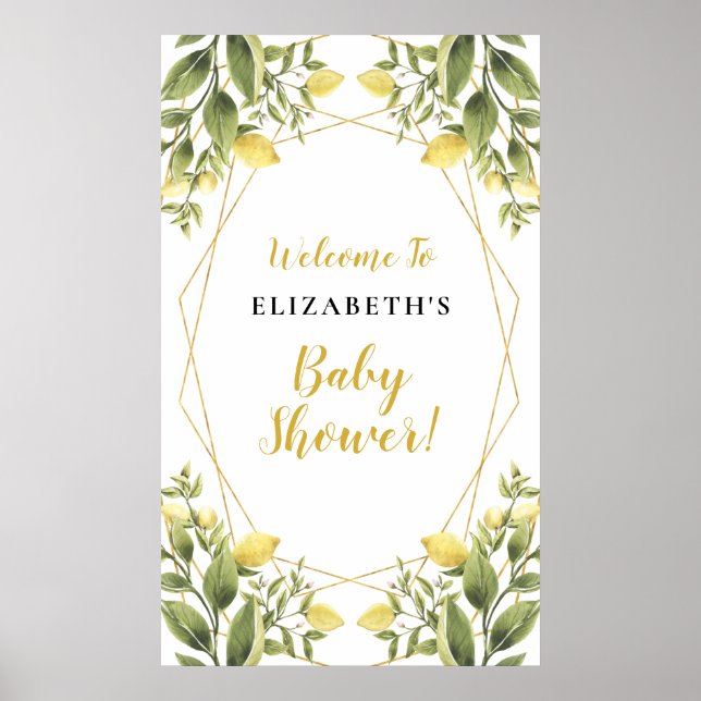 Lemons Greenery Geometric Frame Baby Shower Sign (Front)