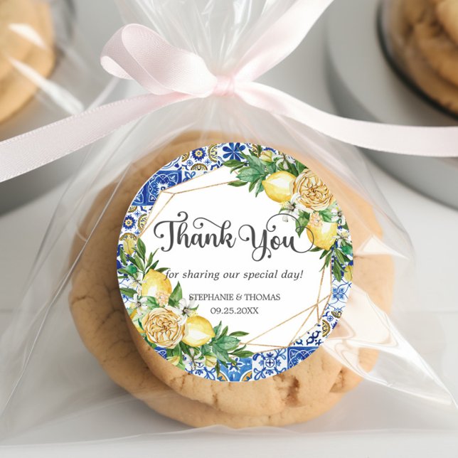 Lemons Greenery Meditteranean Mosaic Tiles Wedding Classic Round Sticker (Creator Uploaded)