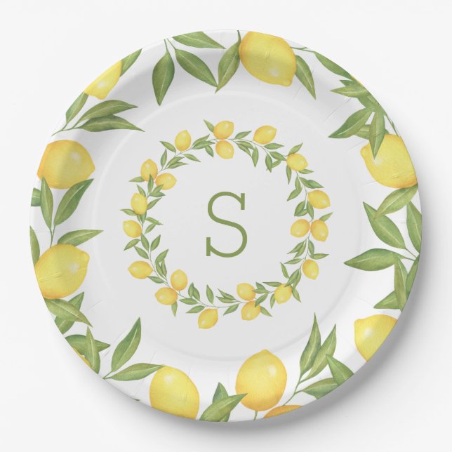 Lemons Greenery Monogram Elegant Paper Plates (Front)