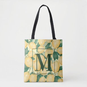 Lemons Greenery Monogram Tote Bag