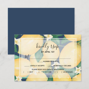 Lemons Greenery on Navy Blue RSVP Card