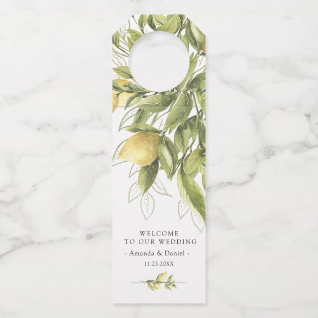 Lemons Greenery Rustic Wedding Bottle Hanger Tag (Front)