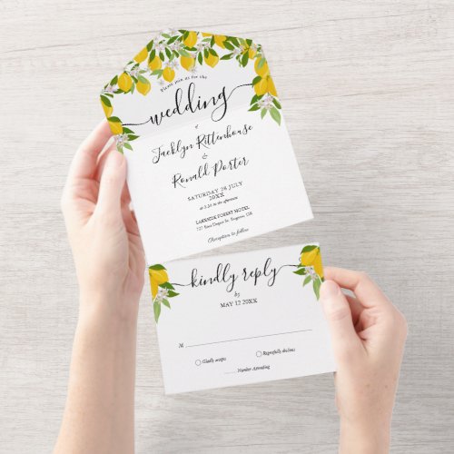 Lemons Greenery Script Monogram Wedding All In One Invitation