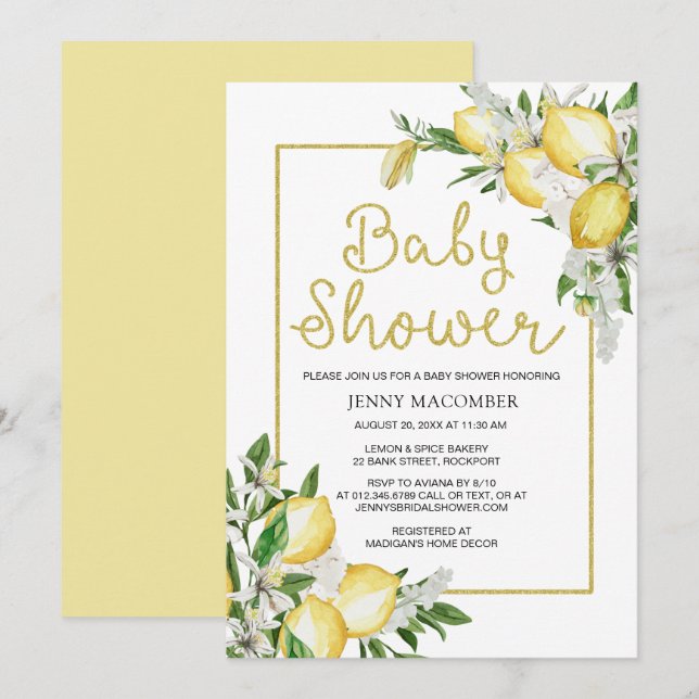 Lemons Greenery Watercolor Neutral Baby Shower Inv Invitation (Front/Back)
