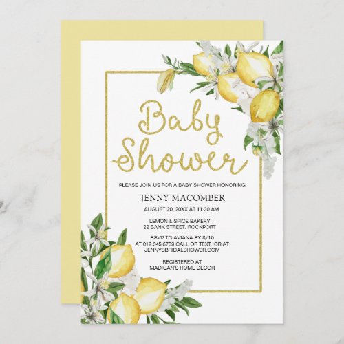 Lemons Greenery Watercolor Neutral Baby Shower Inv Invitation