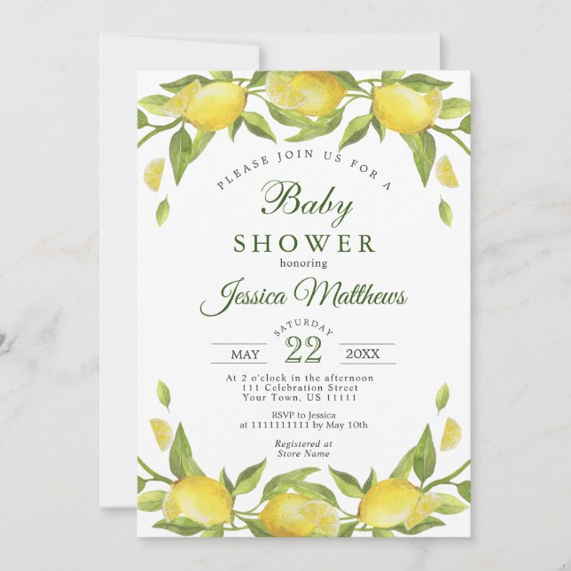 Lemons Greenery Watercolor NEUTRAL Baby Shower Invitation (Front)