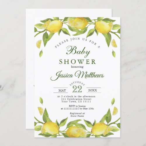 Lemons Greenery Watercolor NEUTRAL Baby Shower Invitation