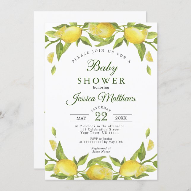 Lemons Greenery Watercolor NEUTRAL Baby Shower Invitation (Front/Back)