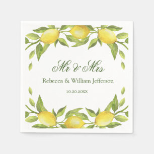 Lemons & Greenery Watercolor Wedding Paper Napkins