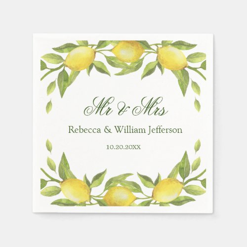 Lemons  Greenery Watercolor Wedding Paper Napkins