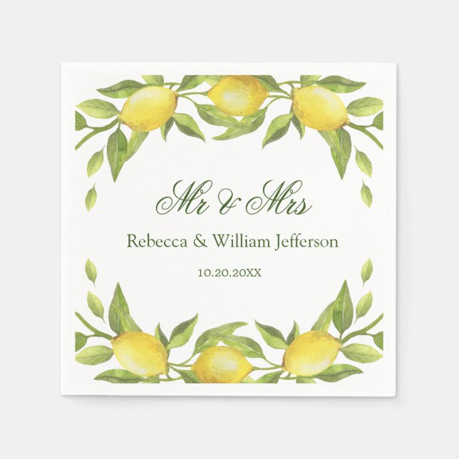 Lemons & Greenery Watercolor Wedding Paper Napkins (Front)