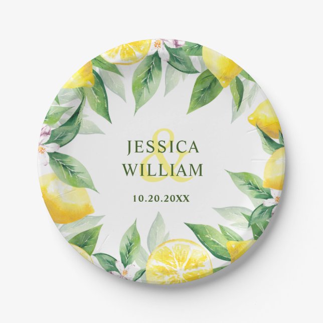Lemons & Greenery Watercolor Wedding Personalized Paper Plates (Front)