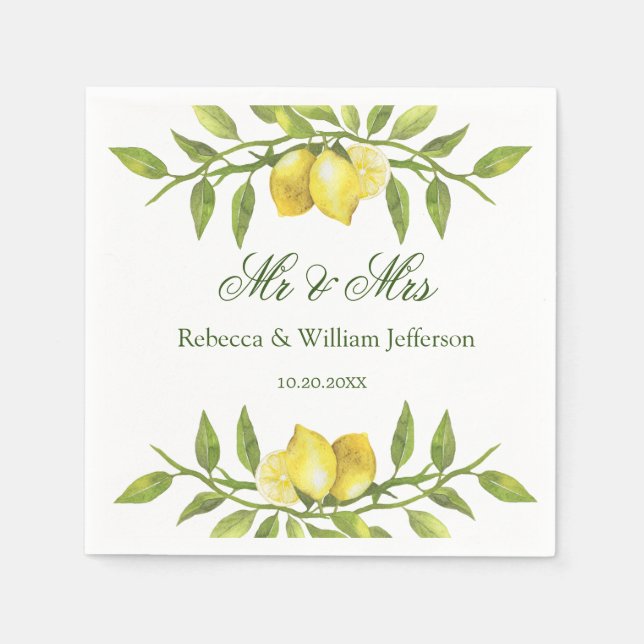 Lemons & Greenery Wedding Paper Napkins (Front)