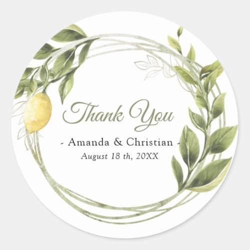 Lemons Greenery Wreath Wedding Thank You  Classic Round Sticker