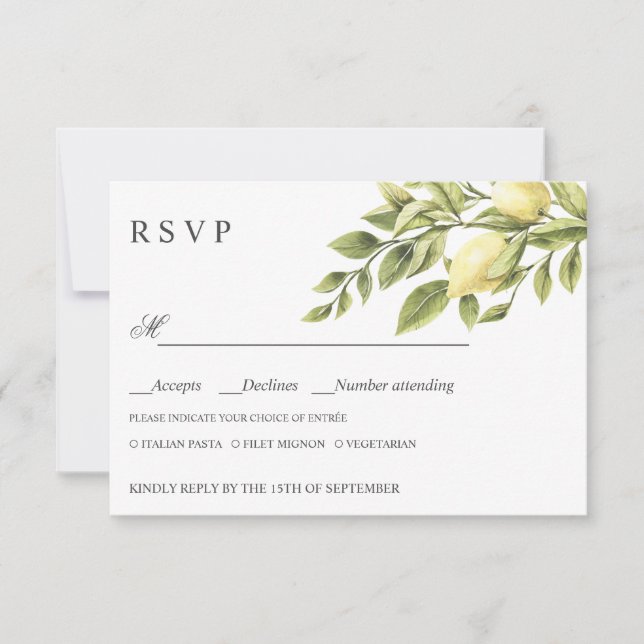 Lemons | Grey WEDDING RSVP MEAL CHOICE Card (Front)