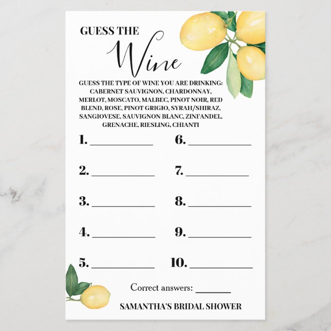 Lemons Guess the Wine Couples Shower Game Card Flyer (Front)