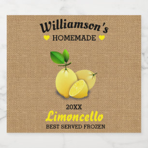 Lemons Homemade Limoncello Rustic Burlap Liquor Bottle Label
