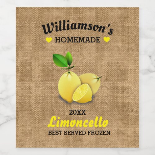 Lemons Homemade Limoncello Rustic Burlap Wine Label