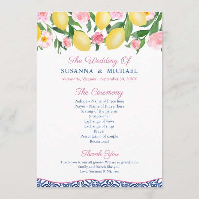 Lemons Hot Pink Amalfi Italian Blue Tiles Wedding Program (Front)