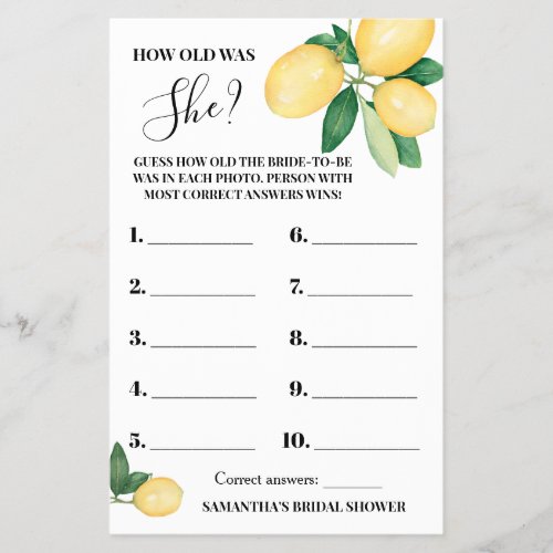 Lemons How old was She Bridal Shower Game Card Flyer