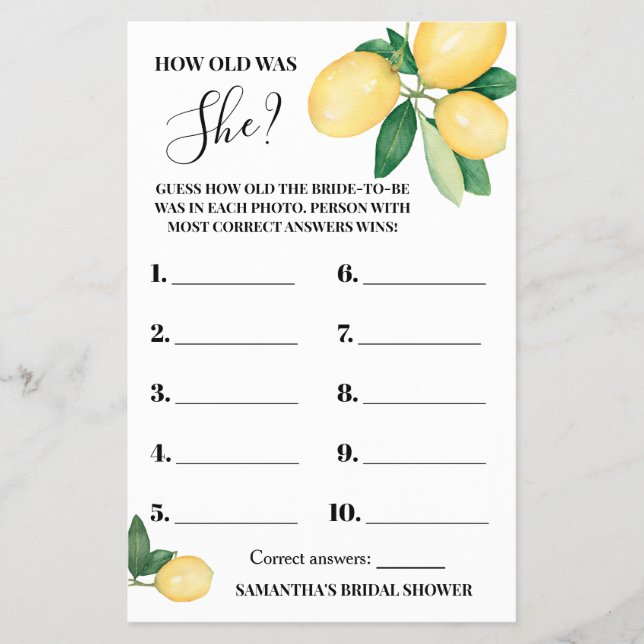 Lemons How old was She Bridal Shower Game Card Flyer (Front)