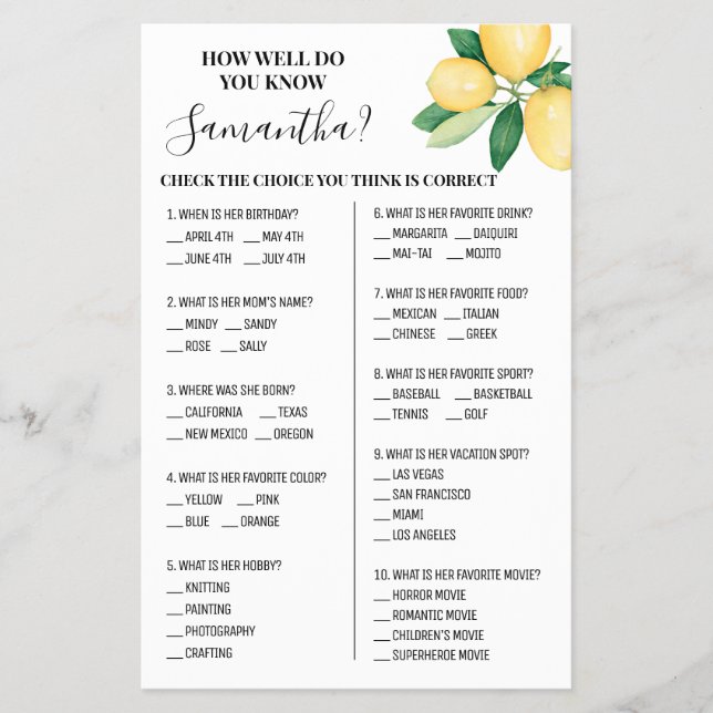 Lemons How well do you know Bride Shower Game Card Flyer (Front)