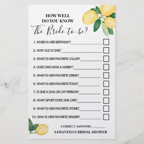 Lemons How well do you know Bride Shower Game card Flyer