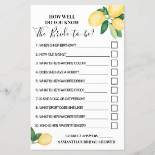 Lemons How well do you know Bride Shower Game card Flyer