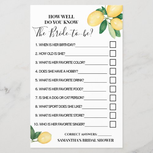 Lemons How well do you know Bride Shower Game card Flyer