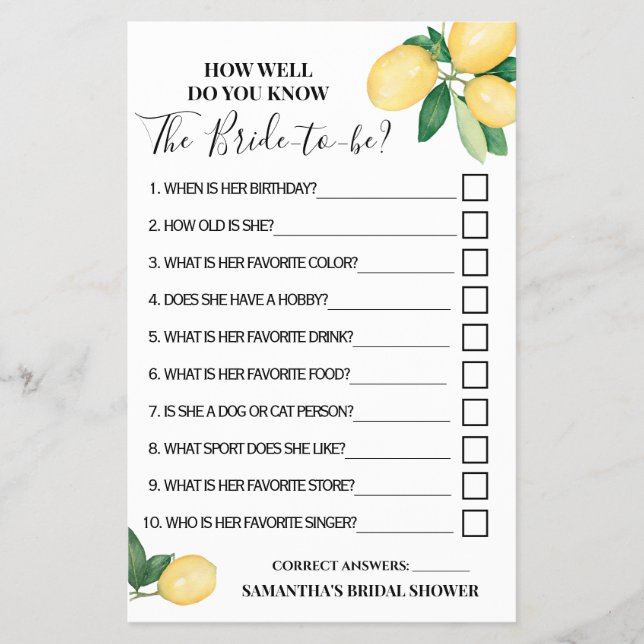 Lemons How well do you know Bride Shower Game card Flyer (Front)