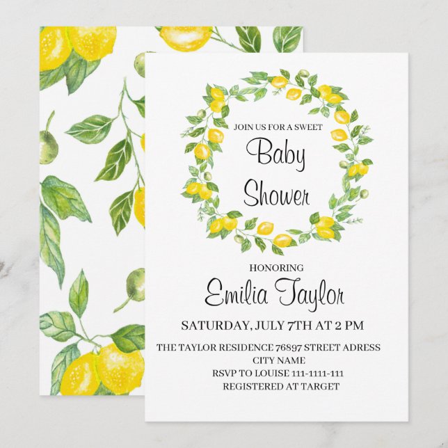 Lemons in watercolor for baby shower invitation (Front/Back)