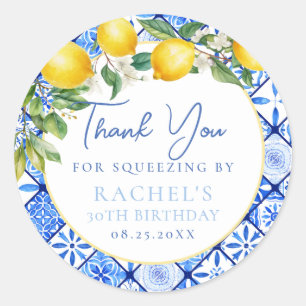 Lemons Italian Blue Tiles Birthday Thank You Classic Round Sticker