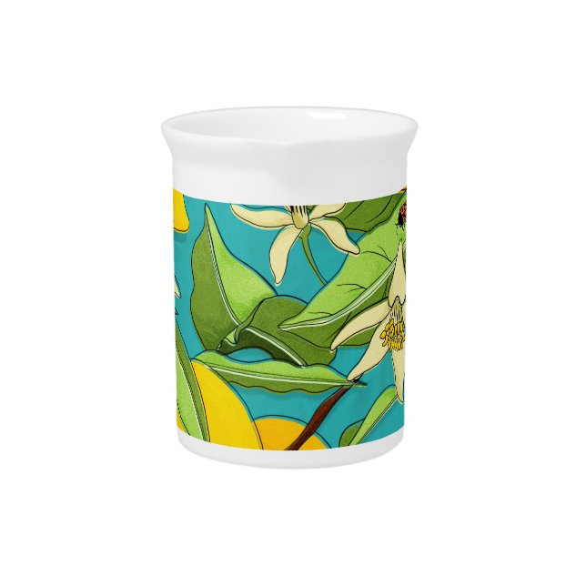 Lemons, Ladybugs, Blossoms on Teal Background  Beverage Pitcher (Front)