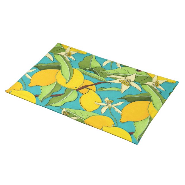 Lemons, Ladybugs, Blossoms on Teal Background Cloth Placemat (On Table)