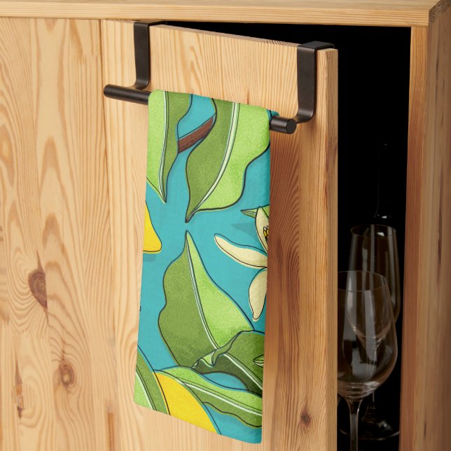 Lemons, Ladybugs, Blossoms on Teal Background Kitchen Towel (Thirds Fold)